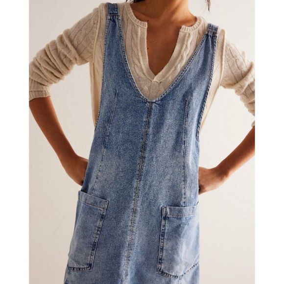 Free People We The Free High Roller Skirtall Denim Dress Follow Your Heart XS - Picture 3 of 13